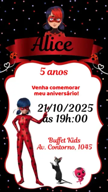 Convite Ladybug editável e personalizável
