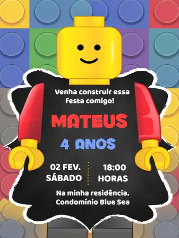 Convite Lego Building Blocks para children's birthday – tema most searched for (colorful, toy-themed, fun-filled, childish, modern)