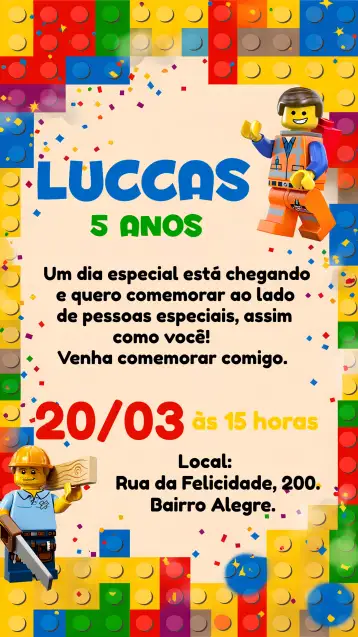 Convite Lego Colorido para aniversário infantil. – tema mais pesquisados (colorido, divertido, brinquedos, infantil, moderno)