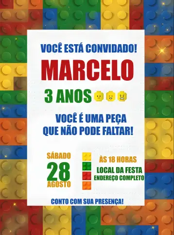 Convite Lego Make para children's birthday or themed party. – tema most searched for (colorful, toys, fun, modern, childlike, themed)