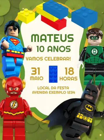 Convite Lego Heróis Homem editável e personalizável