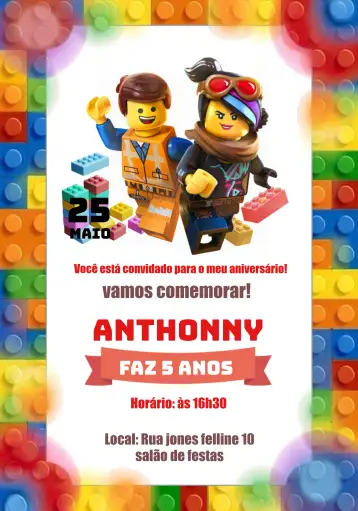 Convite Lego Pieces para kids birthday – tema kids' birthday party (colorful, fun, playful, childish, themed)