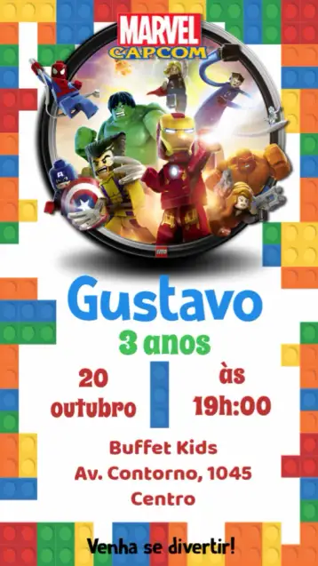 Convite Lego Super Heróis Marvel para aniversário infantil – tema aniversário infantil (colorido, divertido, moderno, temático, animado)