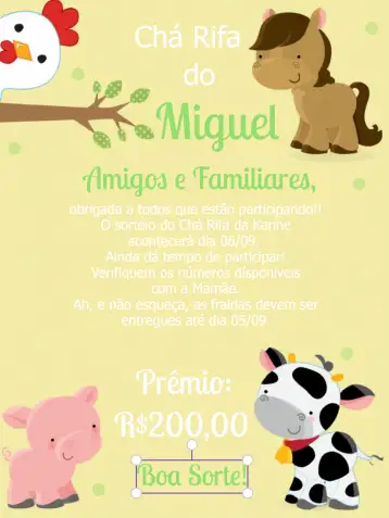 Convite Recordatorio Fiesta de Rifa Granja Verde para baby shower con temática de granja. – tema té rifa (rústico, fazendinha, verde, animales, divertido, infantil)