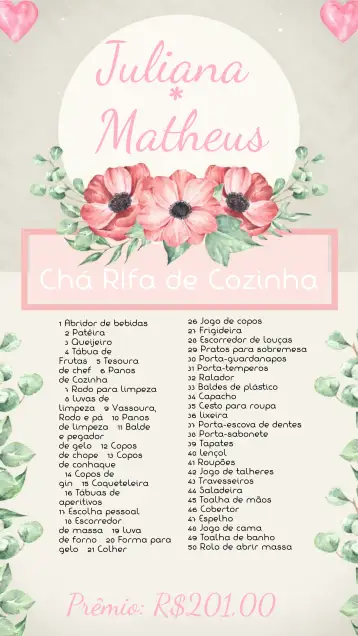 Convite Lembrete De Chá Rifa Cozinha Presentes para bridal tea with friends and family. – tema bridal shower (minimalist, modern, elegant, pastel, floral, contemporary)