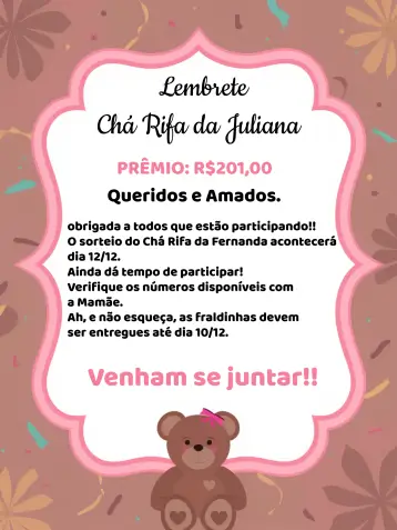 Invite Lembrete De Chá Rifa Ursinha Fraldas editable and customizable