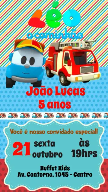 Convite Léo o caminhão para aniversário infantil – tema cartão (colorido, infantil, brincalhão, divertido, temático, animado)