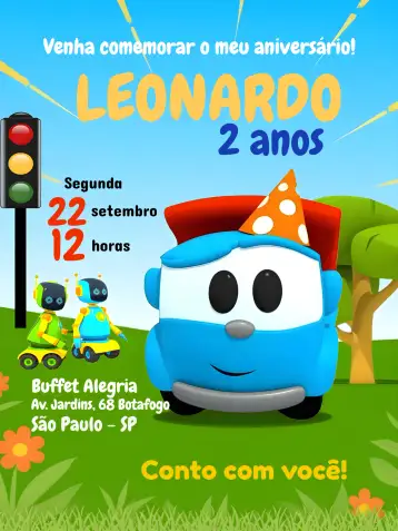 Convite Leo El Camión Leo para cumpleaños infantil. – tema más buscados (colorido, divertido, infantil, temático, ilustraciones de camiones)