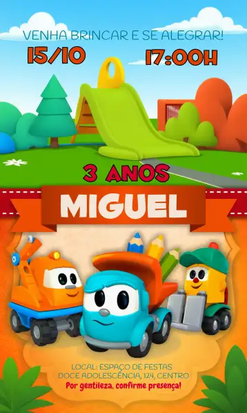 Convite Léo El Camión Lifty para cumpleaños infantil. – tema más buscados (colorido, infantil, temático, divertido, moderno)