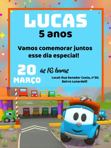 Convite Leo El Camión Niño para cumpleaños infantil. – tema más buscados (colorido, infantil, jocoso, moderno, divertido)