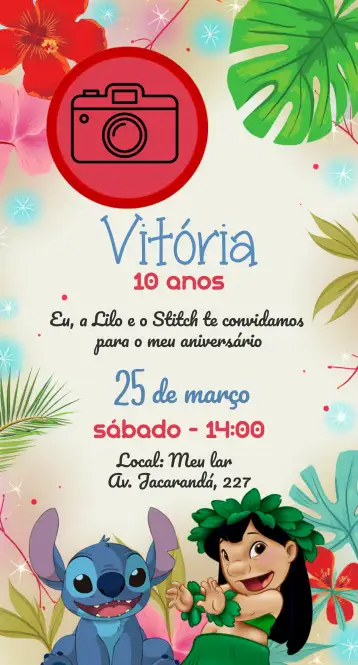 Convite Lilo & Stitch Com Foto para aniversário infantil – tema aniversário infantil (tropical, colorido, divertido, floral, veranil)