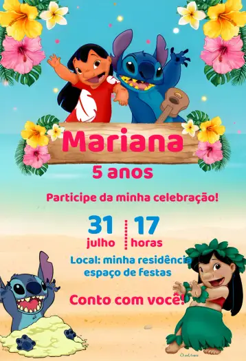 Convite Lilo E Stitch Digital para aniversário infantil e festas temáticas. – tema mais pesquisados (tropical, colorido, praia, aloha, divertido, infantil)
