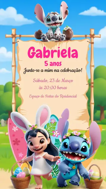 Convite Lilo E Stitch Páscoa Colorido para festa de páscoa ou aniversário infantil. – tema datas comemorativas (colorido, divertido, temática Disney, ilustrações infantis, vibrante)