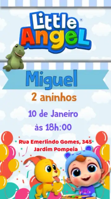 Convite Little Angel para aniversário infantil – tema aniversário infantil (cores suaves, estilo infantil, elementos angelicais, design lúdico, ilustrações fofas)