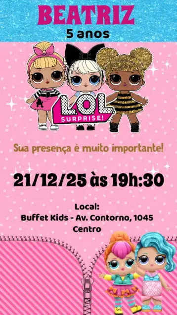 Convite LOL para aniversário infantil com tema lol surprise. – tema aniversário infantil (colorido, divertido, brinquedos, moderno, feminino, infantil)