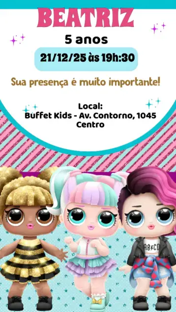 Convite LOL para aniversário infantil – tema aniversário infantil (cores vibrantes, estilo divertido, elementos gráficos de bonecas, design alegre, tema de festa LOL)