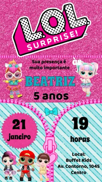 Convite LOL Surprise editável e personalizável