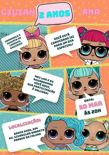 Convite Lol Surprise Amarelo editável e personalizável