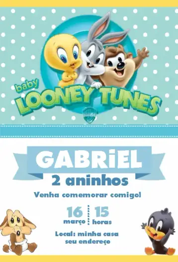 Convite Looney Tunes Baby Azul para aniversário infantil. – tema cartão (azul claro, personagens animados, estilo lúdico, divertido, colorido, infantil)
