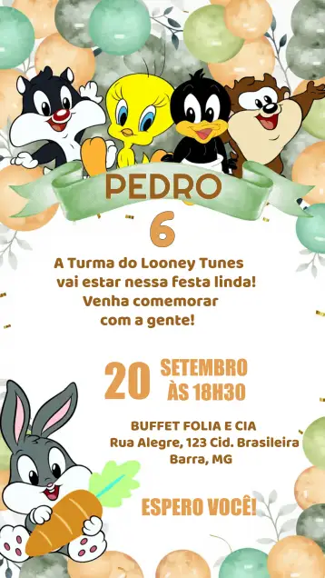Convite Looney Tunes Baby Zanahoria para cumpleaños infantil con temática de los looney tunes. – tema más buscados (colorido, divertido, infantil, vibrante, ilustraciones lúdicas, temático)