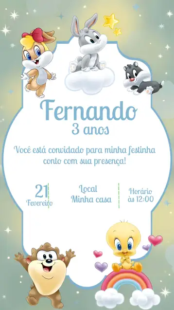 Convite Looney Tunes Baby Ifantil para aniversário infantil – tema mais pesquisados (azul e branco, temática de desenhos animados, estilo divertido, elementos gráficos lúdicos, design infantil, modernidade)