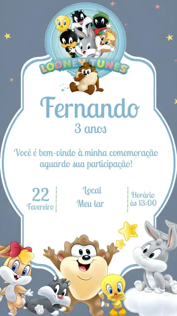 Invite Looney Tunes Baby Infantil editable and customizable