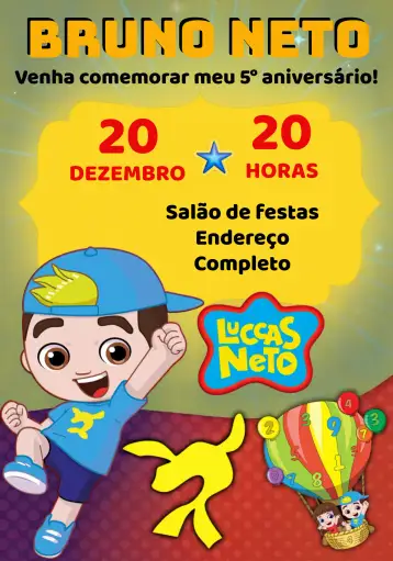 Convite Luccas Neto Rojo para cumpleaños infantil – tema más buscados (colorido, divertido, infantil, moderno, lúdico)