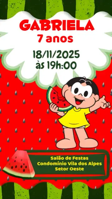 Convite Magali para cumpleaños infantil – tema cumpleaños infantil (frutas, colorido, divertido, lúdico, tropical)