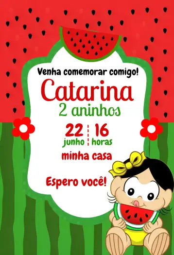 Convite Magali Baby Da para cumpleaños infantil. – tema más buscados (colorido, infantil, divertido, tema sandía, personajes de la Turma da Mônica)