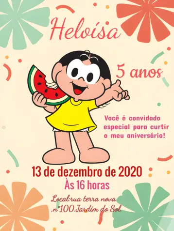 Convite Magali Class para joyful and fun children's birthday. – tema birthday (colorful, fun, playful, childish, tropical, comic-inspired)