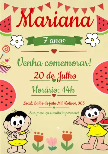 Convite Female Magali para children's birthday. – tema most searched for (colorful, fun, childish, character illustrations, modern)