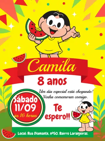 Convite Magali Watermelon para children's birthday. – tema most searched for (fun, colorful, childish, playful, tropical)