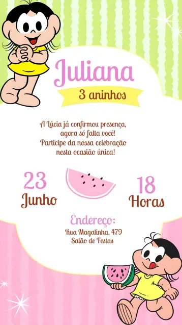 Convite Magali Monica para children's birthday. – tema most searched for (pink, fun, childish, playful, colorful, fruity)