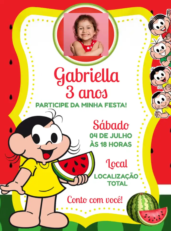 Convite Magali Turma Da Mônica Com Foto Melancia – tema Aniversário Infantil colorido, divertido, infantil, personagens, frutas, brincalhão