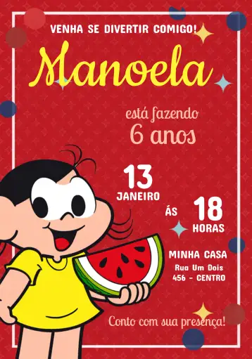 Convite Magali Turma Da Mônica Melancia para aniversário infantil – tema aniversário infantil (colorido, divertido, infantil, frutal, animado, turma da Mônica)