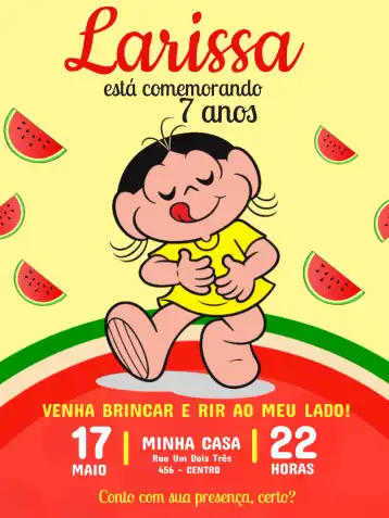 Convite Magali Turma Da Mônica Melancia – tema Aniversário Infantil colorido, divertido, infantil, tropical, ilustração, brincalhão