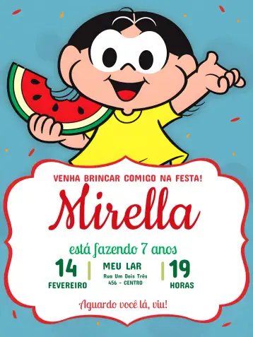 Convite Magali Monica's Gang Red para children's birthday – tema kids' birthday party (colorful, fun, childish, themed, vibrant, playful)