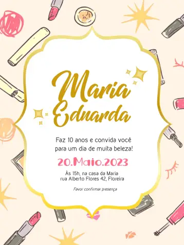 Convite Maquiagem Batom para aniversário com tema de maquiagem e beleza. – tema mais pesquisados (rosa, dourado, moderno, elegante, feminino, estiloso)