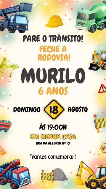 Convite Colorful Construction Machines para children's raffle tea party with construction theme. – tema raffle tea (colorful, childlike, construction machines, fun, rustic theme, animated illustrations)