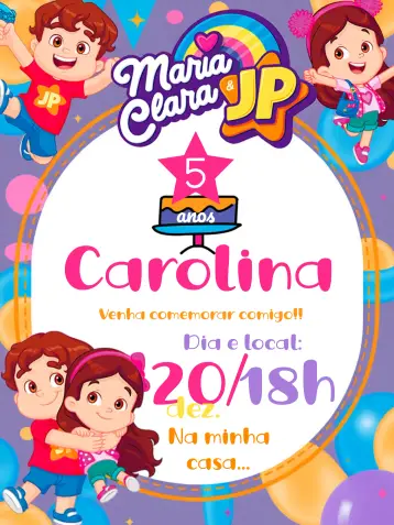 Convite Maria Clara E Jp Colorido editável e personalizável