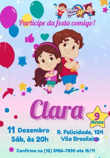 Convite Maria Clara E Jp Colorido editável e personalizável