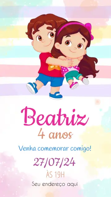 Convite Maria Clara y JP Colorido para cumpleaños infantil. – tema fechas conmemorativas (colorido, divertido, infantil, alegre, vibrante)