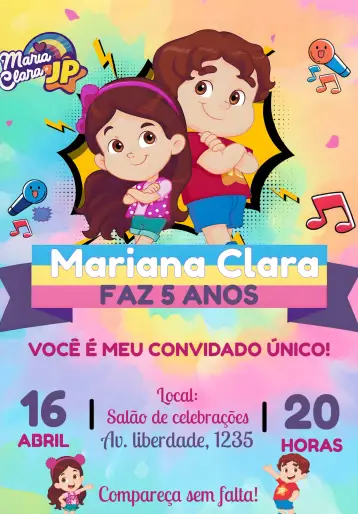 Convite Maria Clara E Jp Colorido editável e personalizável