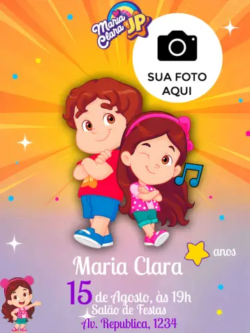 Convite Maria Clara E Jp Com Foto Lilás editável e personalizável