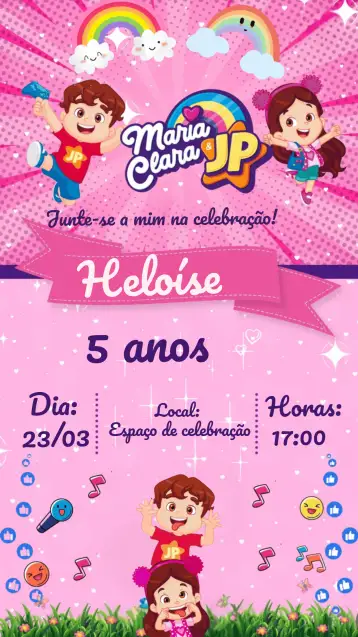 Convite Maria Clara E Jp Infantil para aniversário infantil. – tema mais pesquisados (colorido, divertido, moderno, infantil, lúdico)