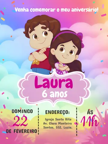 Convite Maria Clara E Jp Rosa para aniversário infantil – tema mais pesquisados (colorido, infantil, divertido, moderno, brilhante, alegre)