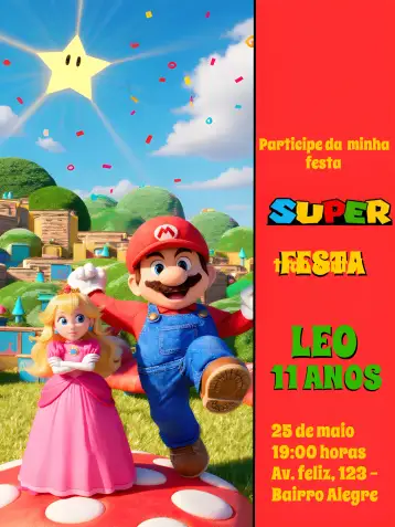 Convite Mario Bros Super para aniversário infantil com tema de mario bros. – tema aniversário (vermelho, colorido, jogos, divertido, animado, infantil)