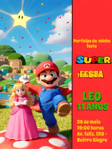 Convite Mario Bros Super editável e personalizável