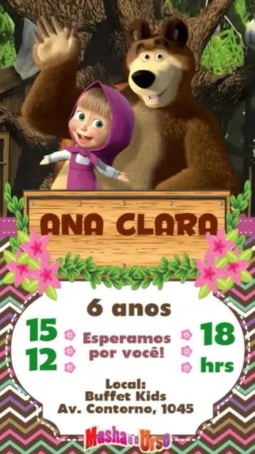 Convite Masha y el Oso para cumpleaños infantil – tema cumpleaños infantil (colorido, divertido, ilustración infantil, naturaleza, lúdico)