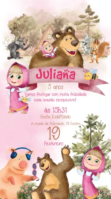 Convite Masha E O Urso Aquarela Floresta editável e personalizável